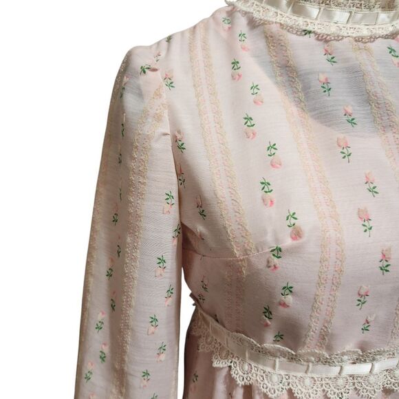Vintage Handmade Nightgown Dress S Pink Floral Stripe Half Zip Lace Trim - Picture 8 of 15